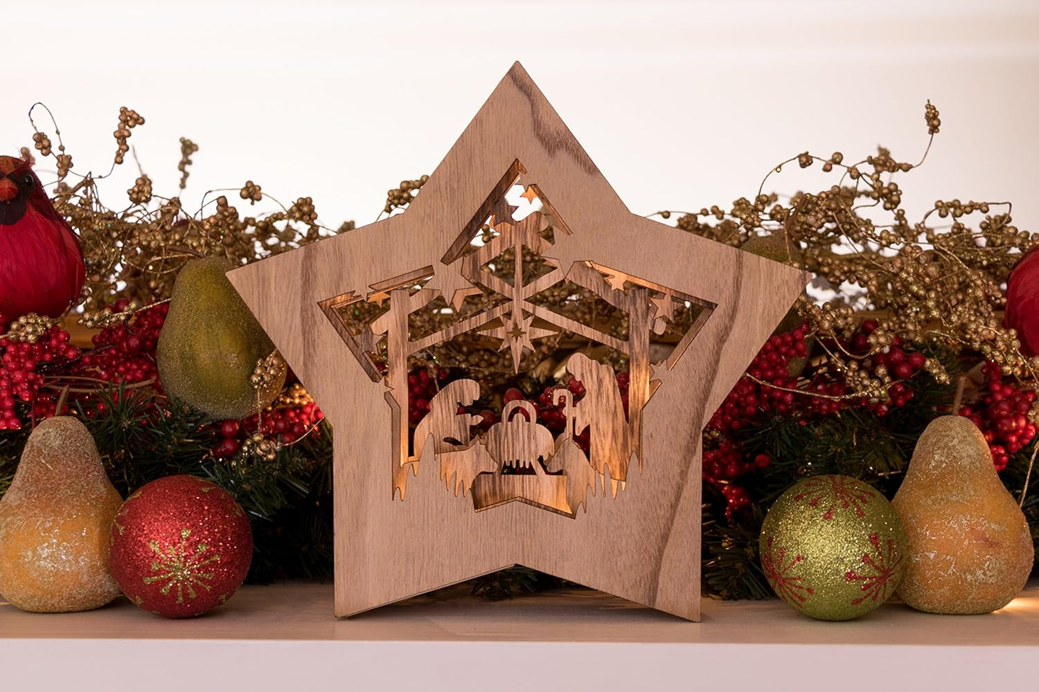 Wooden Star-Shaped Nativity Scene Christmas Ornament with LED Lighting 