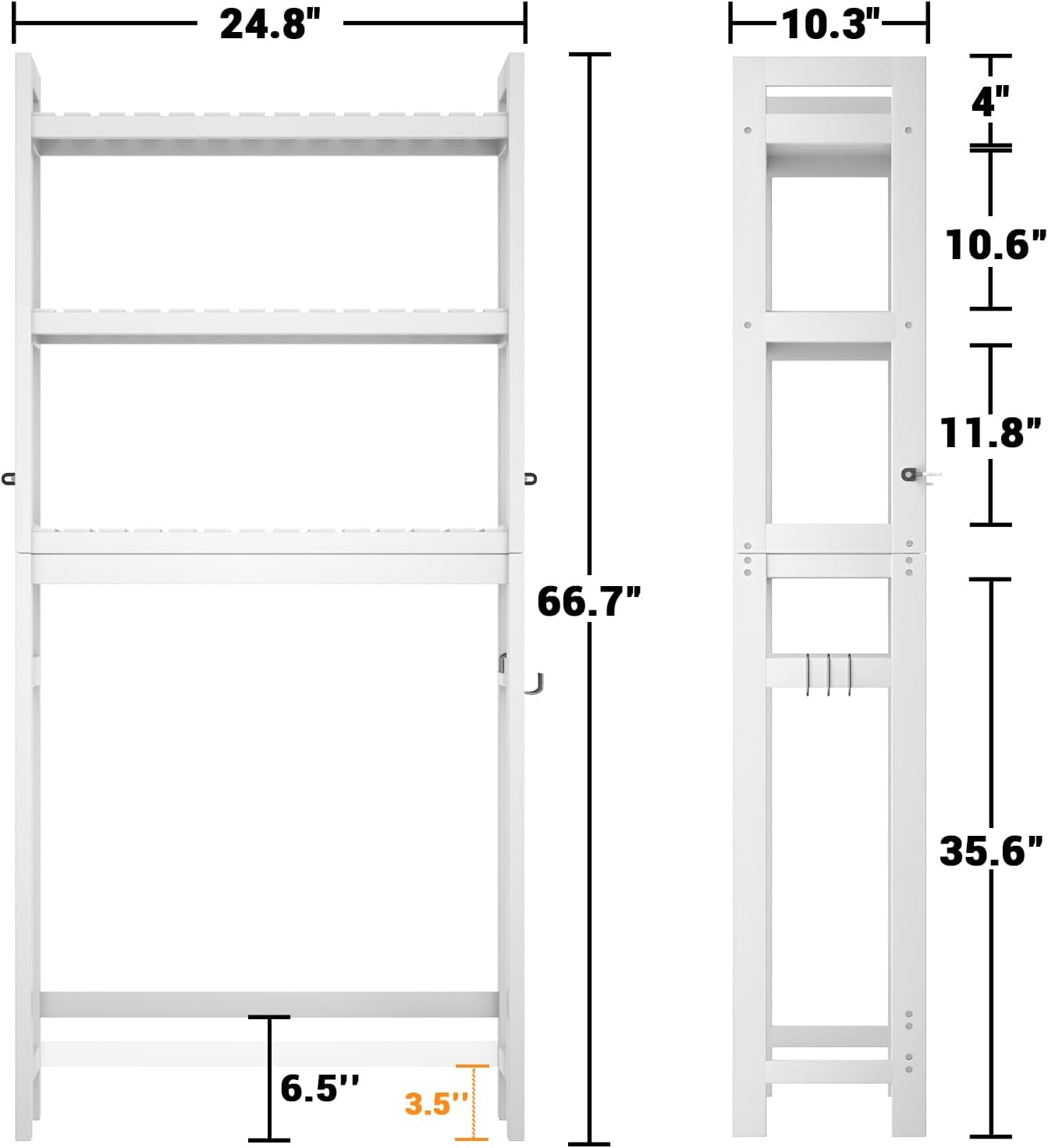 Bamboo 3-Tier Over-Toilet Organizer with Hooks – Freestanding Bathroom & Laundry Storage, White