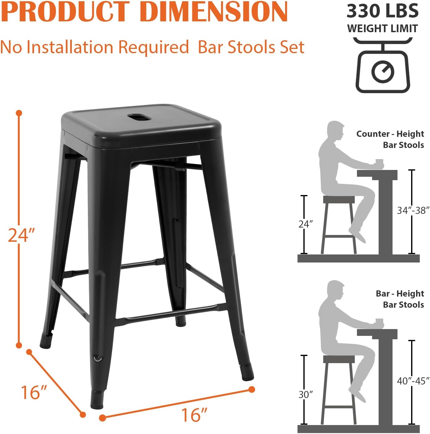 24-Inch Black Metal Bar Stools for Kitchen Island - Set of 4 Stackable Backless Counter Height Chairs for Indoor and Outdoor Use