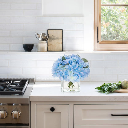 Modern Artificial Hydrangea, Peony, and Rose Silk Floral Arrangement with Vase - Blue, 7" H x 4" W x 4" D, Home Decor Accent