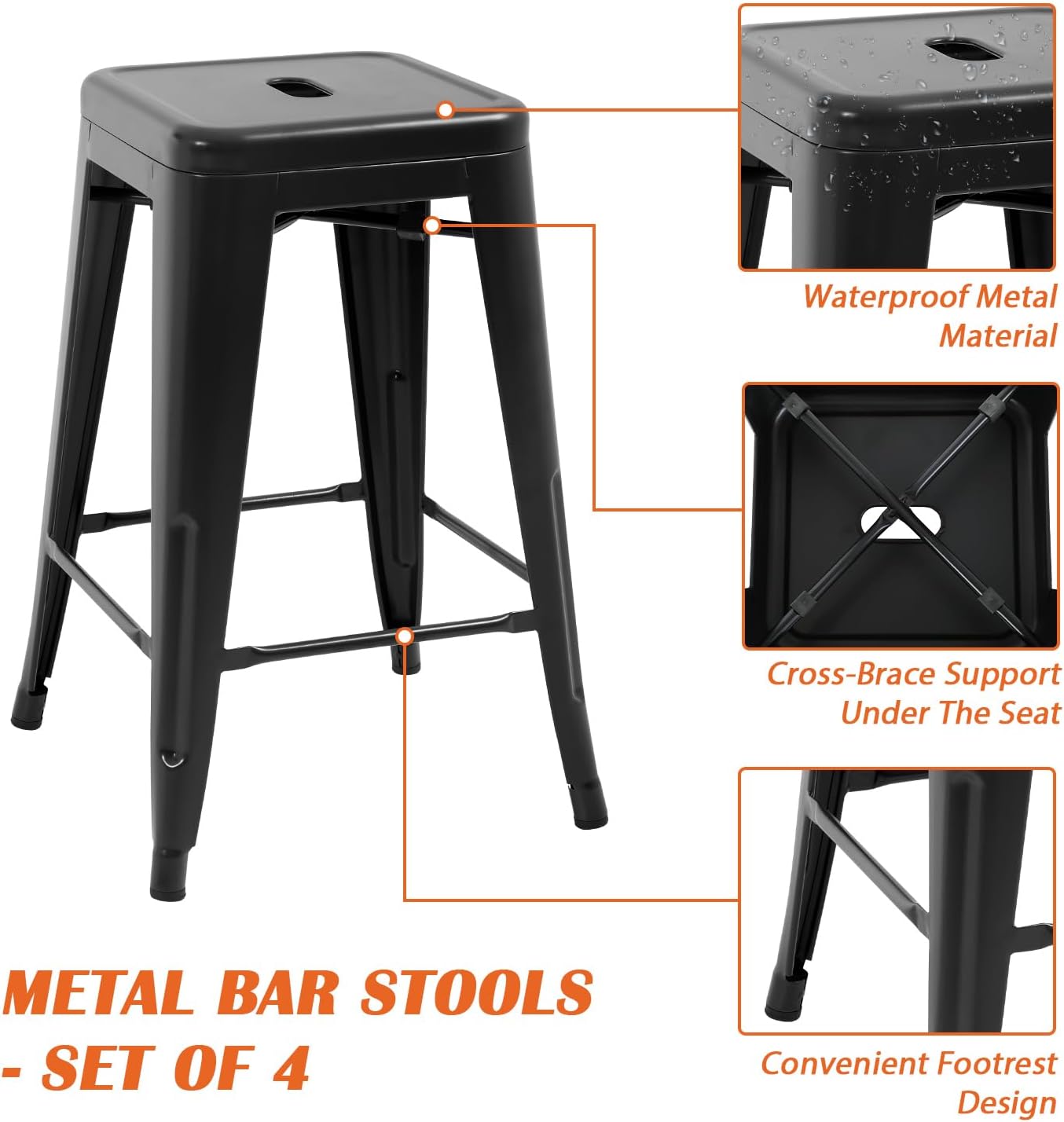24-Inch Black Metal Bar Stools for Kitchen Island - Set of 4 Stackable Backless Counter Height Chairs for Indoor and Outdoor Use