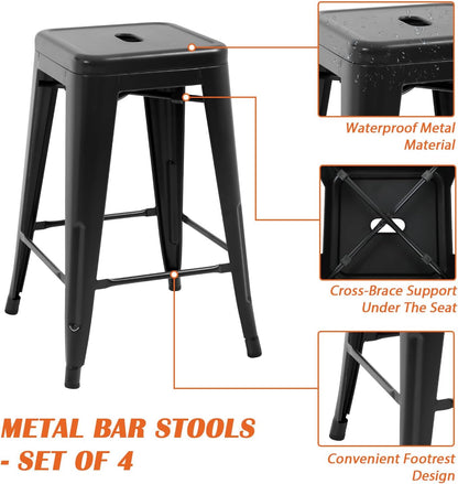 24-Inch Black Metal Bar Stools for Kitchen Island - Set of 4 Stackable Backless Counter Height Chairs for Indoor and Outdoor Use
