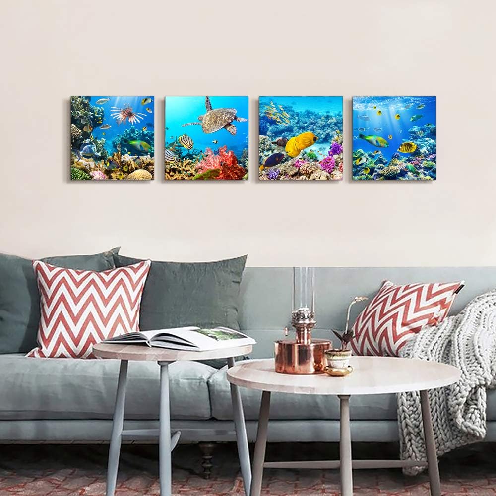 Coral and Sea Life Themed Canvas Wall Art - 4 Panel Stretched and Framed Artwork for Living Room, Family Bedroom, and Bathroom Decor - Modern Home Aesthetic