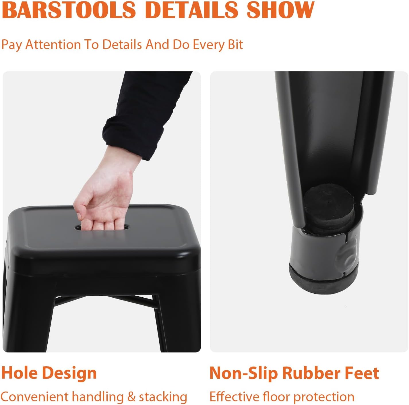 24-Inch Black Metal Bar Stools for Kitchen Island - Set of 4 Stackable Backless Counter Height Chairs for Indoor and Outdoor Use