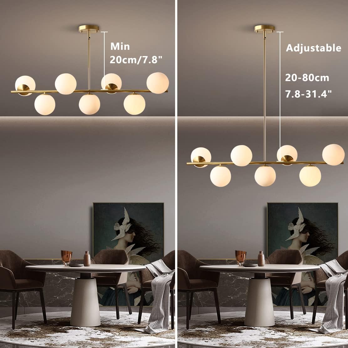 Mid-Century Modern 7-Light Gold Globe Chandelier - Brass Linear Sputnik Design with Milk Glass Pendants for Kitchen Island and Dining Table Lighting