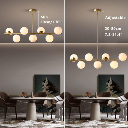 Mid-Century Modern 7-Light Gold Globe Chandelier - Brass Linear Sputnik Design with Milk Glass Pendants for Kitchen Island and Dining Table Lighting