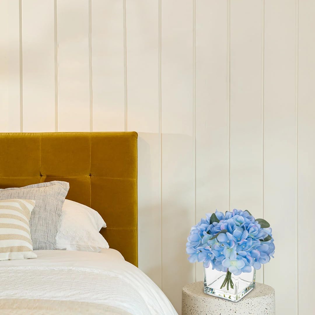 Modern Artificial Hydrangea, Peony, and Rose Silk Floral Arrangement with Vase - Blue, 7" H x 4" W x 4" D, Home Decor Accent