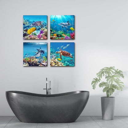 Coral and Sea Life Themed Canvas Wall Art - 4 Panel Stretched and Framed Artwork for Living Room, Family Bedroom, and Bathroom Decor - Modern Home Aesthetic