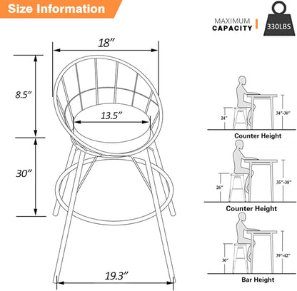 Set of 2 30" Black Boucle Upholstered Swivel Bar Stools with Gold Accents for Kitchen Island - Metal Frame with Back Support