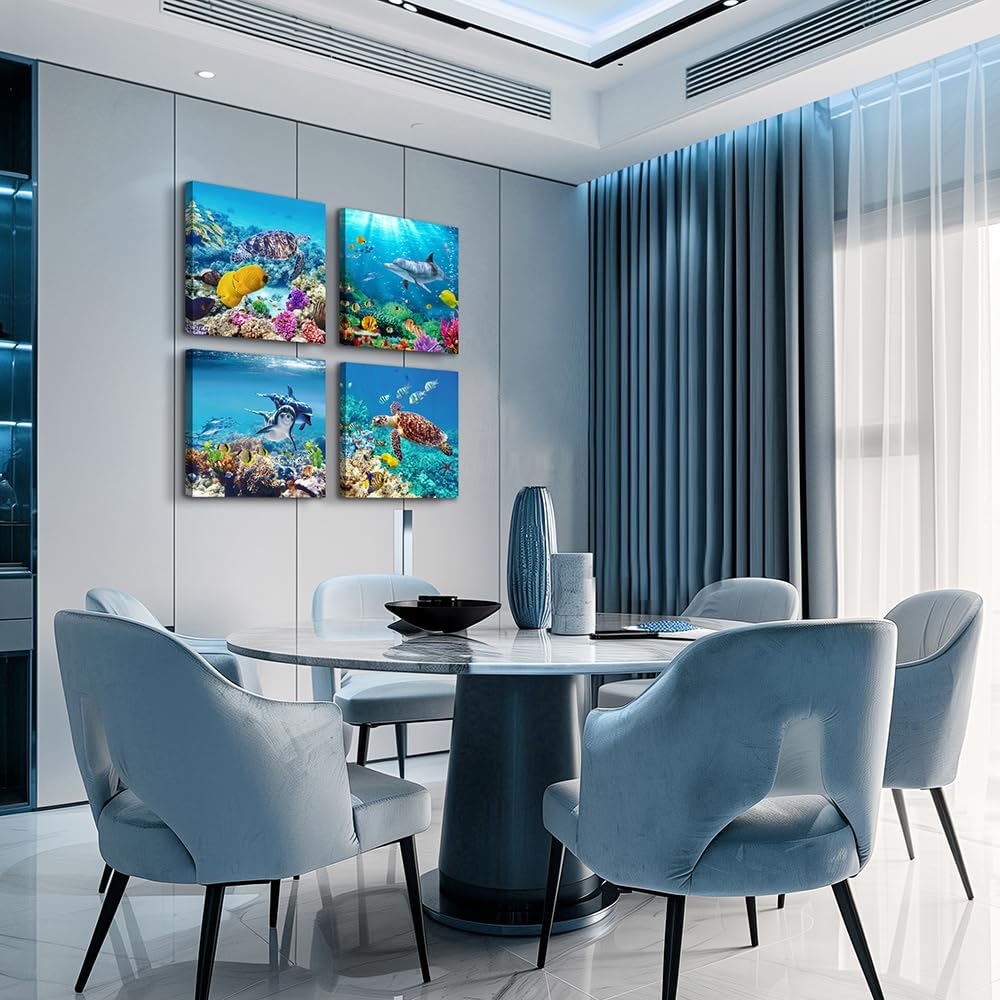 Coral and Sea Life Themed Canvas Wall Art - 4 Panel Stretched and Framed Artwork for Living Room, Family Bedroom, and Bathroom Decor - Modern Home Aesthetic