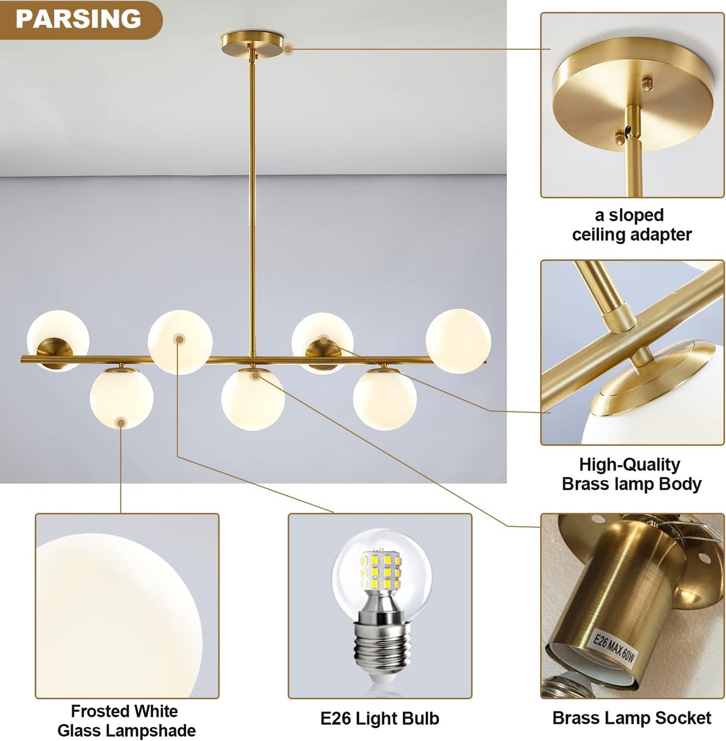 Mid-Century Modern 7-Light Gold Globe Chandelier - Brass Linear Sputnik Design with Milk Glass Pendants for Kitchen Island and Dining Table Lighting
