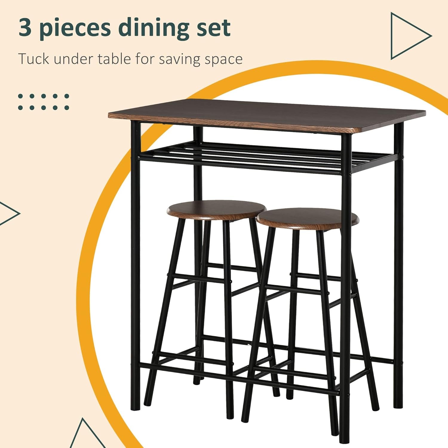 3-Piece Counter Height Bar Table Set with Two Stools and Storage Shelf, Metal Frame Footrest, Black and Brown