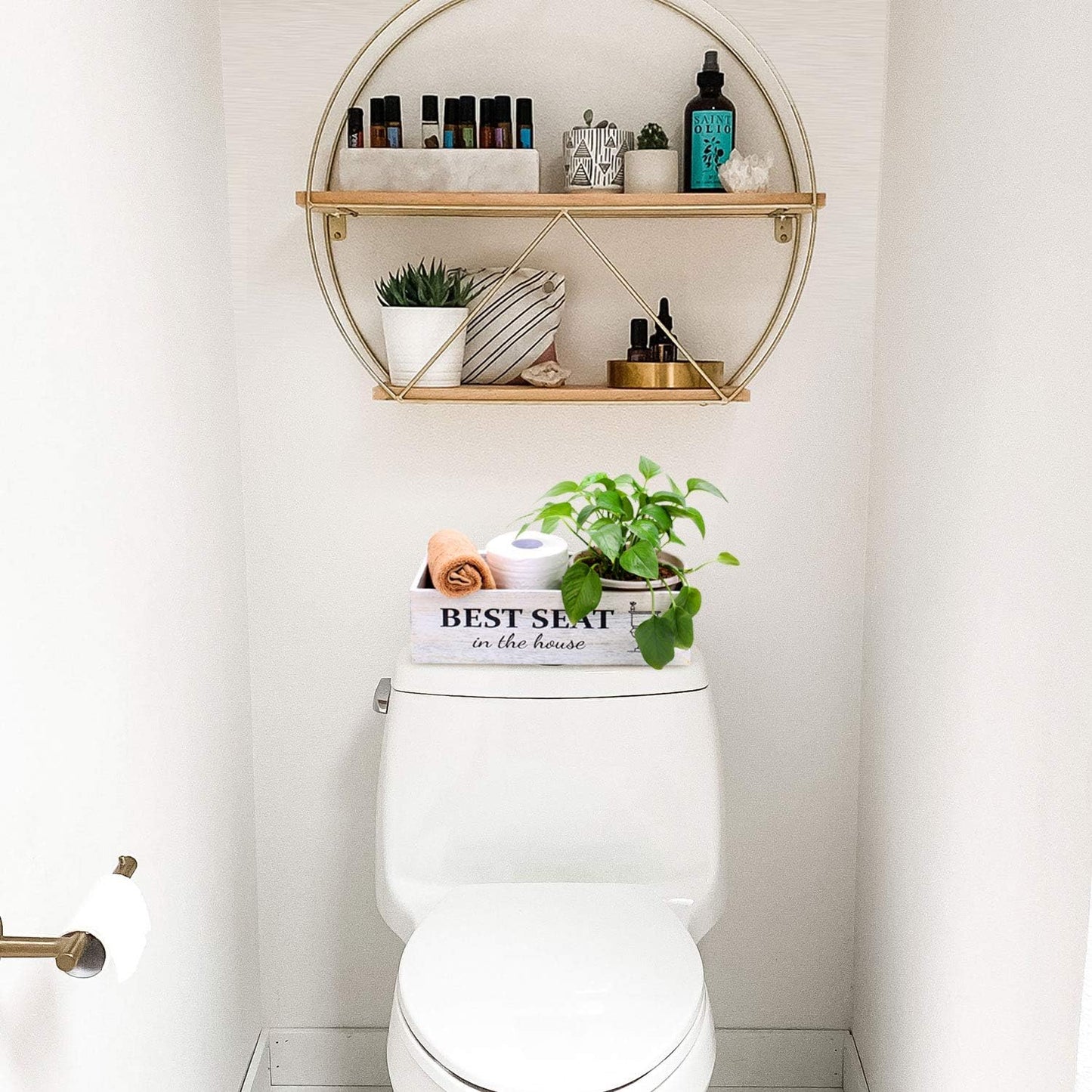 Rustic Whitewashed Bathroom Box – Double-Sided Sign Toilet Tank Basket