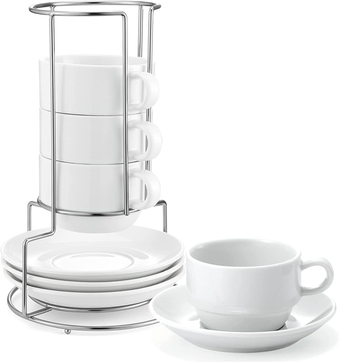 Porcelain 8 Oz Coffee Cups with Saucers and Metal Stand - Stackable Design
