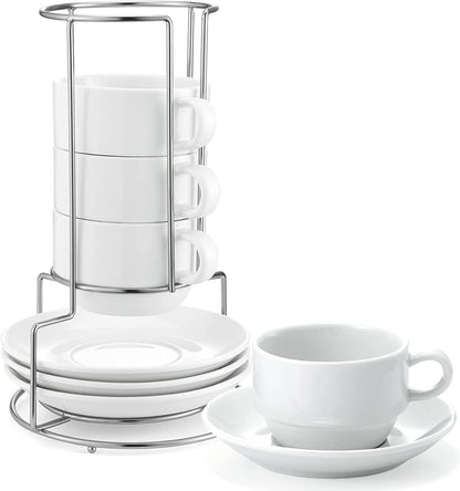Porcelain 8 Oz Coffee Cups with Saucers and Metal Stand - Stackable Design