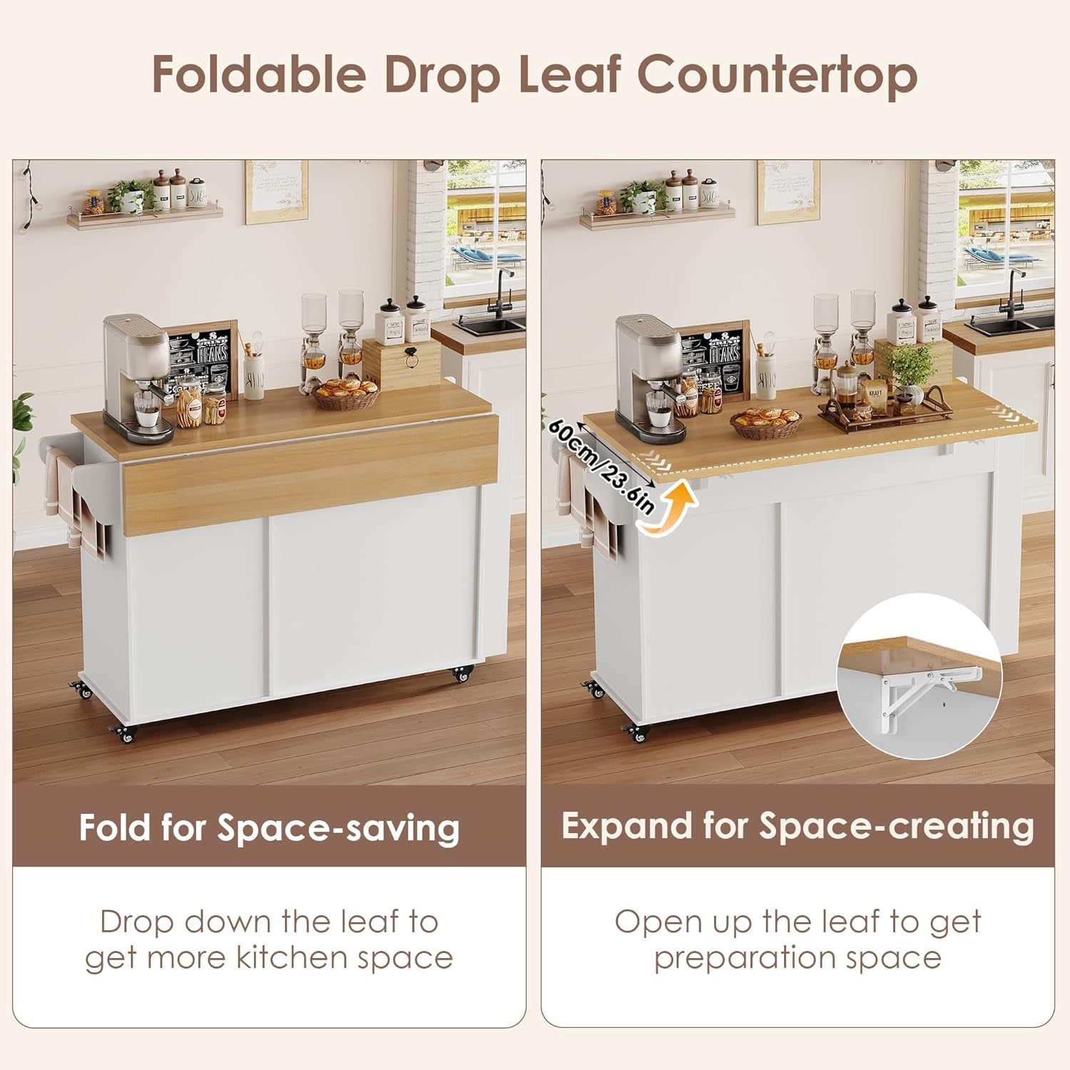 Elevate Your Kitchen Experience with the Stylish and Functional Rolling Kitchen Island - Complete with Storage, Wood Drop Leaf Countertop, and Convenient Wheels