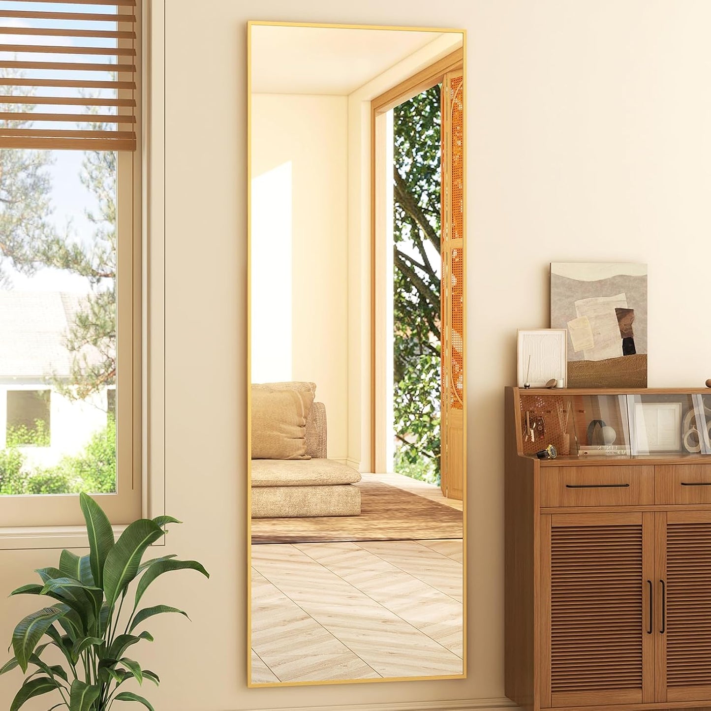 64"x21" Full-Length Freestanding or Leaning Rectangle Floor Mirror with Thin Aluminum Alloy Frame for Bedroom and Living Room, Gold Finish