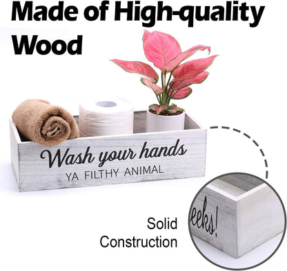 Rustic Whitewashed Bathroom Box – Double-Sided Sign Toilet Tank Basket