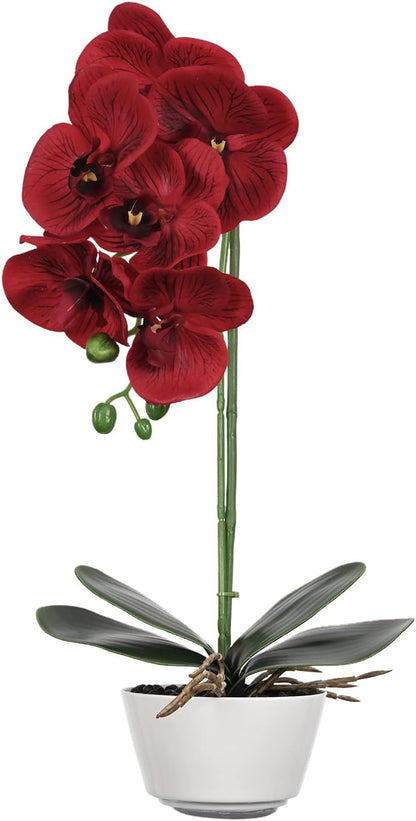 Artificial Red Orchid Plant - Burgundy Faux Flowers for Home Decor, Kitchen, Party, and Hotel Centerpieces - 17" Floral Arrangement