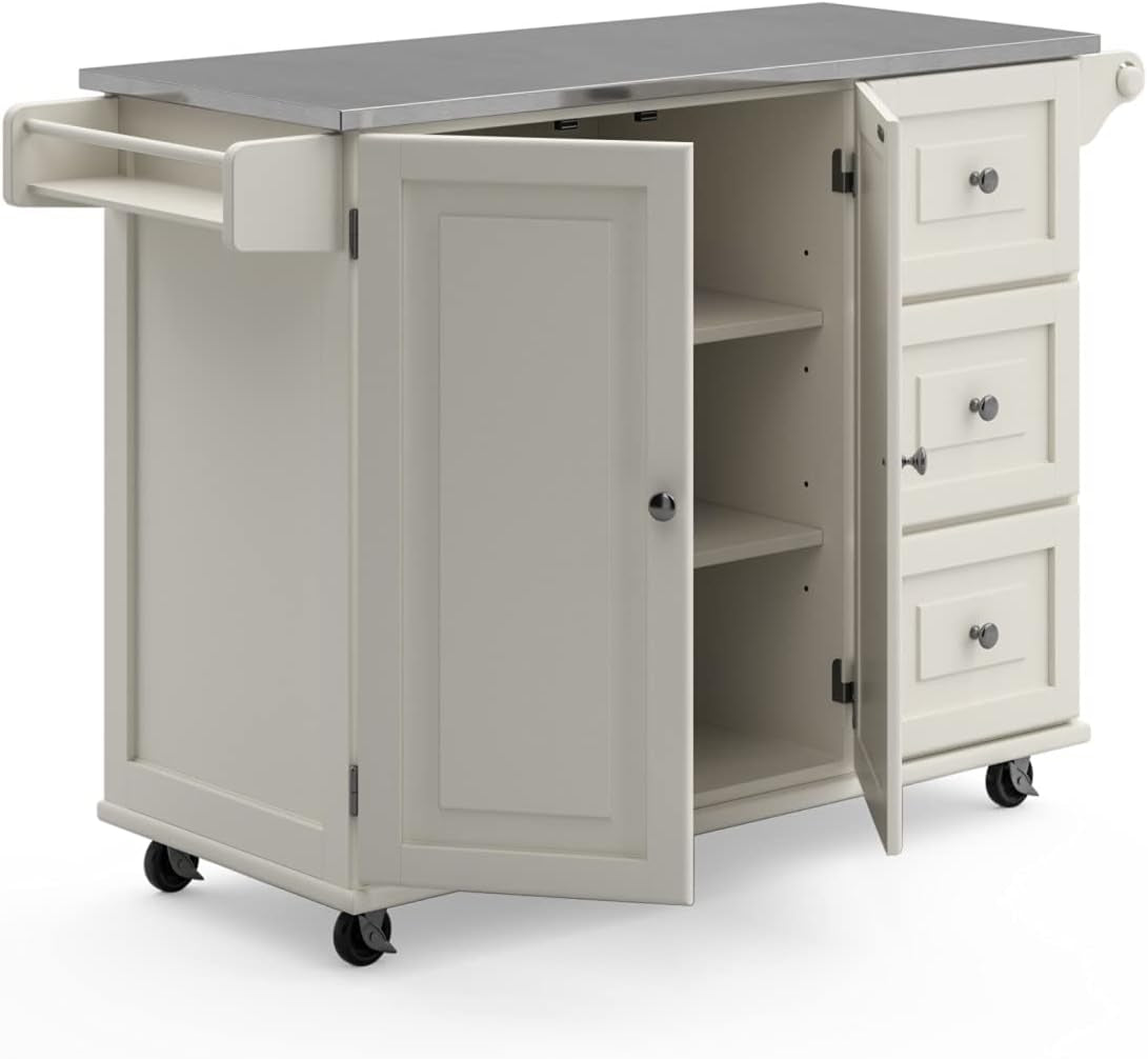 Dolly Madison 54-Inch Rolling Mobile Kitchen Island with Storage and Towel Rack in Off White