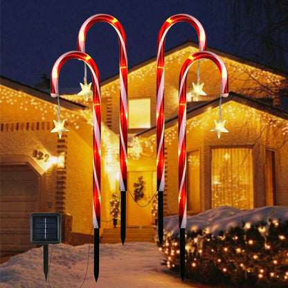 Solar-Powered Candy Cane Stake Lights - Set of 4 Outdoor Christmas Decorations for Pathway and Garden Holiday Decor