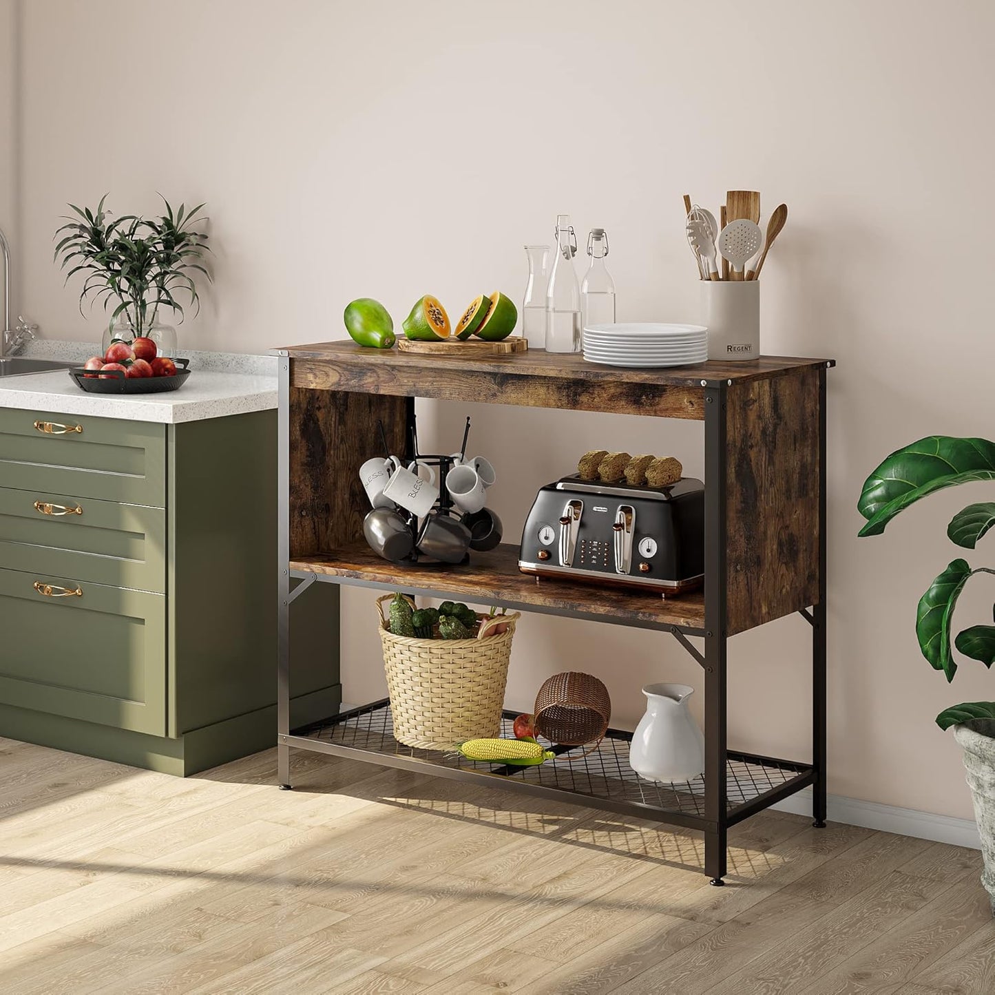 Industrial Kitchen Island with Storage and Open Shelves, Coffee Bar Buffet Cabinet Station