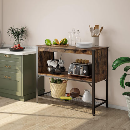 Industrial Kitchen Island with Storage and Open Shelves, Coffee Bar Buffet Cabinet Station