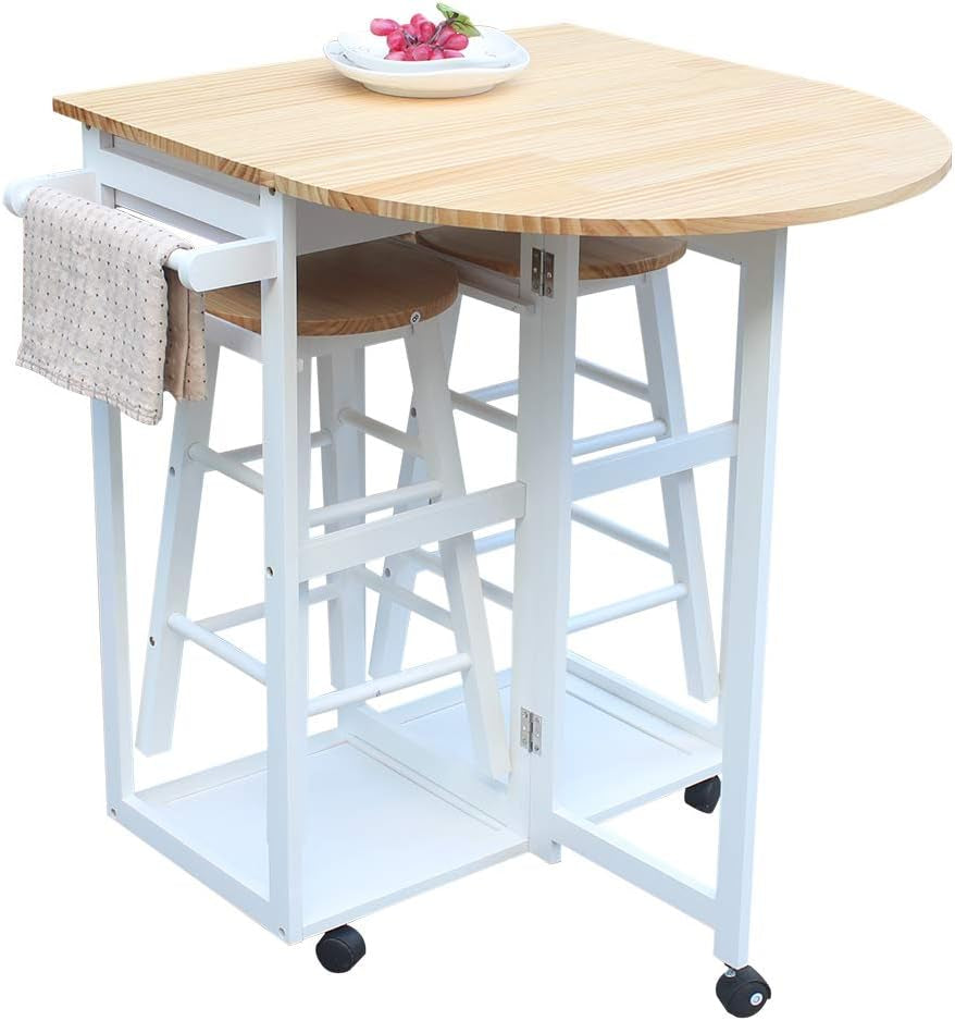 Foldable Dining Table Set with Kitchen Island Trolley Cart, Two Stools, and Two Drawers - Solid Wood Drop Leaf Breakfast and Serving Cart in Semicircle Design, White Finish