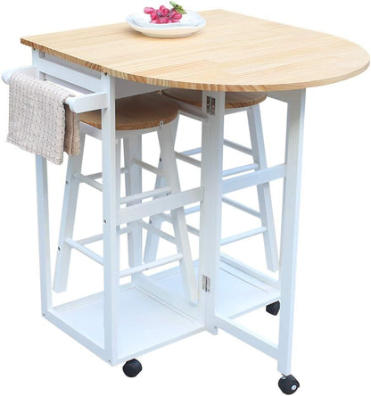 Foldable Dining Table Set with Kitchen Island Trolley Cart, Two Stools, and Two Drawers - Solid Wood Drop Leaf Breakfast and Serving Cart in Semicircle Design, White Finish