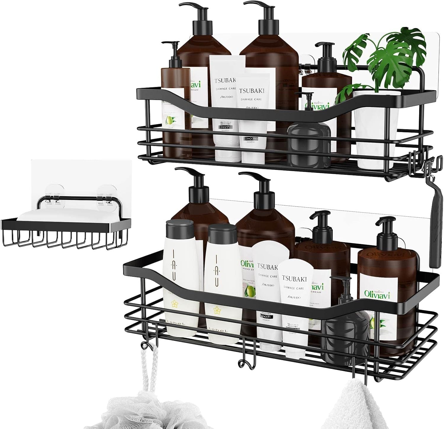3-Pack Shower Caddy Set – Wall-Mounted Rustproof Stainless Steel Organizer with Soap Dish & 5 Hooks, No Drilling Needed