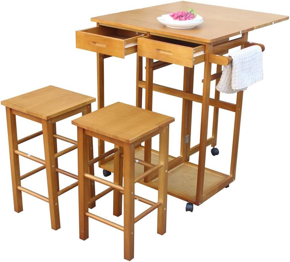 Foldable Space-Saving Kitchen Island Trolley Cart with Two Stools and Dual Drawers, Solid Wood Drop Leaf Dining Table Set for Home, Kitchen, and Dining Room (Brown)
