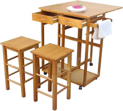 Foldable Space-Saving Kitchen Island Trolley Cart with Two Stools and Dual Drawers, Solid Wood Drop Leaf Dining Table Set for Home, Kitchen, and Dining Room (Brown)