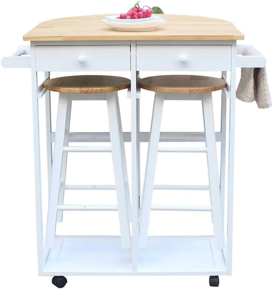 Foldable Dining Table Set with Kitchen Island Trolley Cart, Two Stools, and Two Drawers - Solid Wood Drop Leaf Breakfast and Serving Cart in Semicircle Design, White Finish