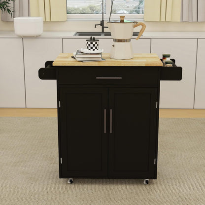 Stylish Mobile Kitchen Island with Versatile Rubberwood Top, Ample Storage, and Convenient Towel & Spice Racks in Elegant Black