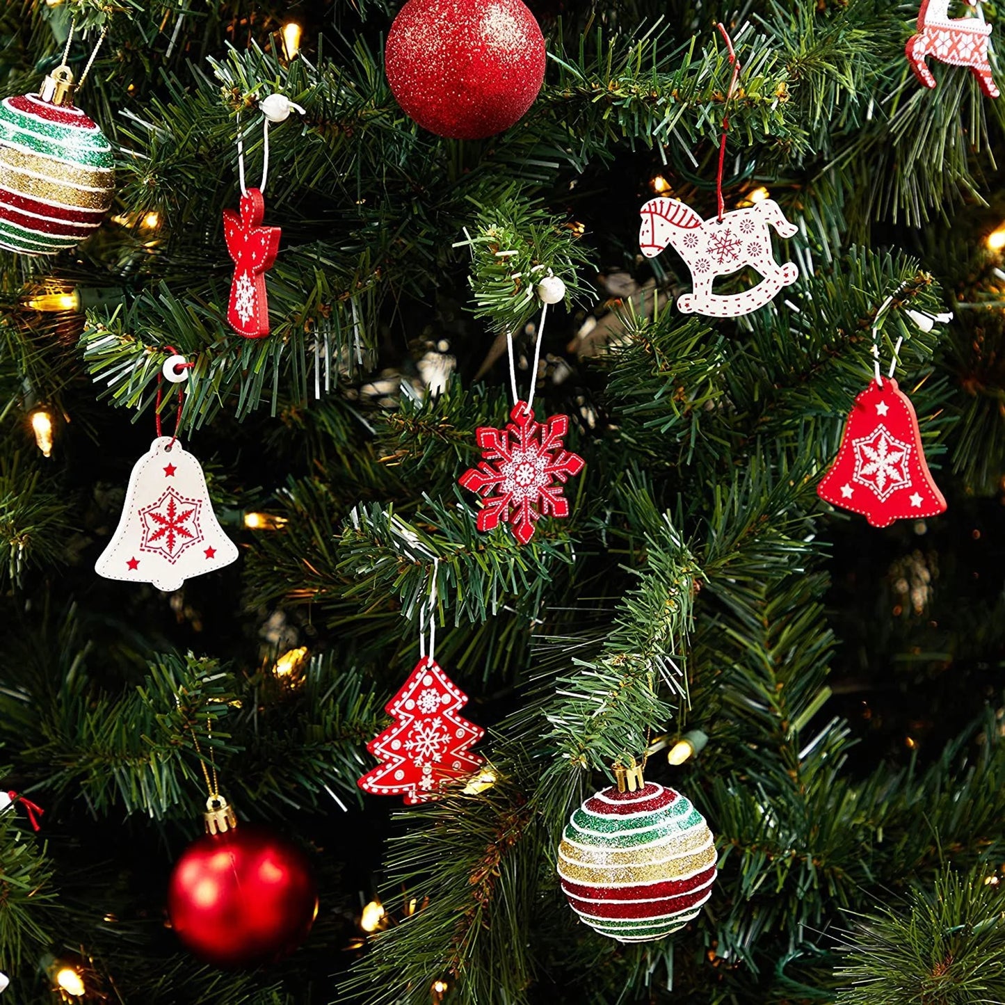 24-Piece Set of 2-Inch Nordic Snowflake Wooden Ornaments for Christmas Tree and Holiday Wall Decor