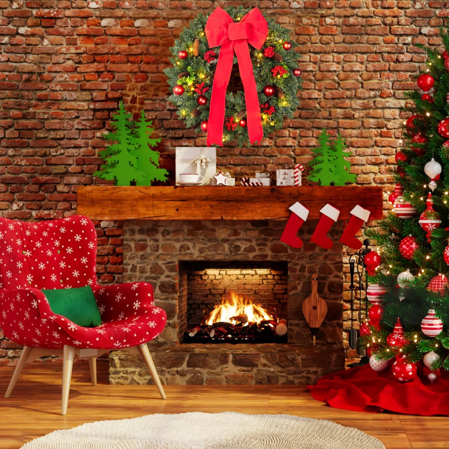 24-Inch Pre-Lit Artificial Evergreen Christmas Wreath with Bow and Lights for Indoor and Outdoor Holiday Decor, Green