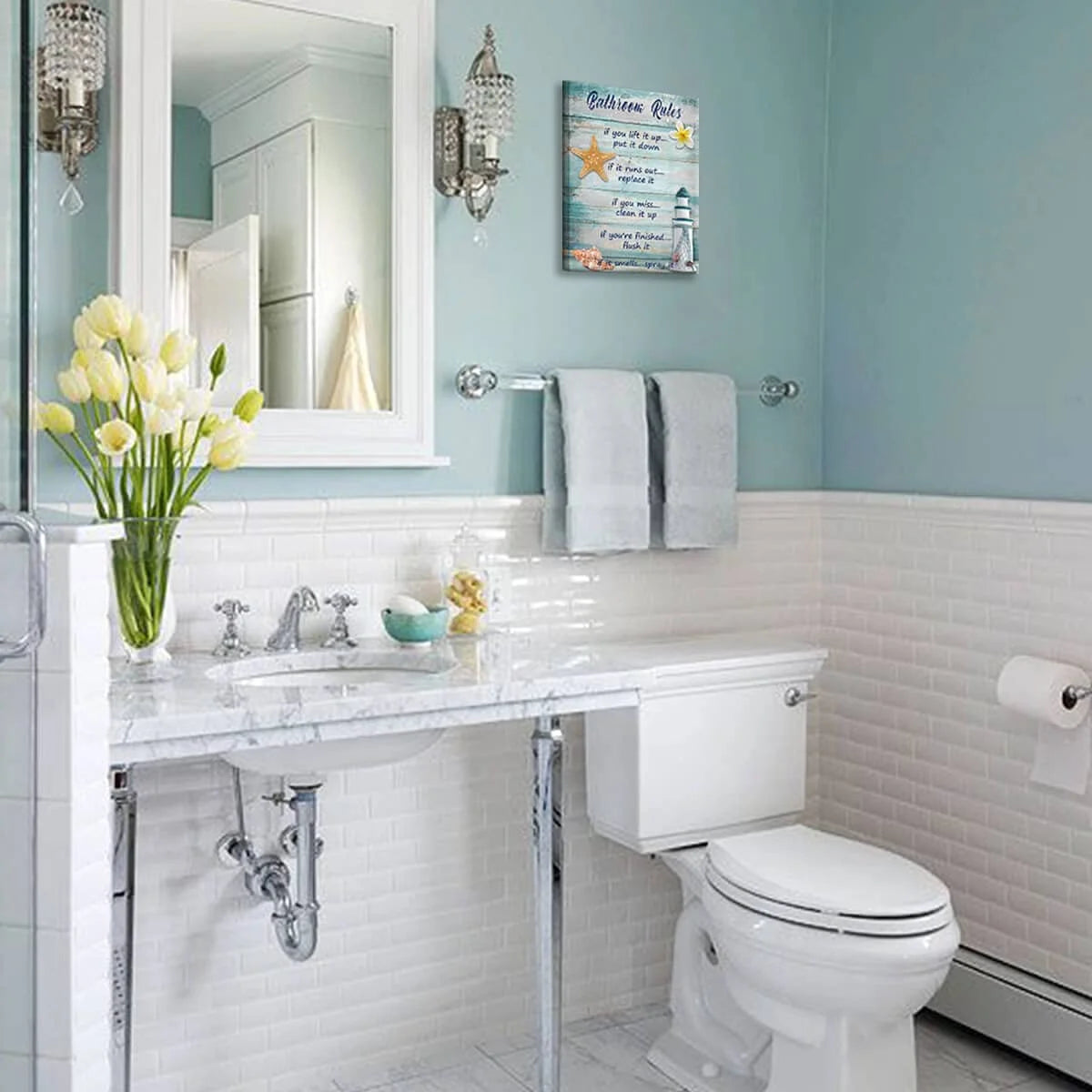 Rustic Beach Bathroom Wall Art – Seashells & Lighthouse Canvas Print, 12"x16", Farmhouse Ocean Decor