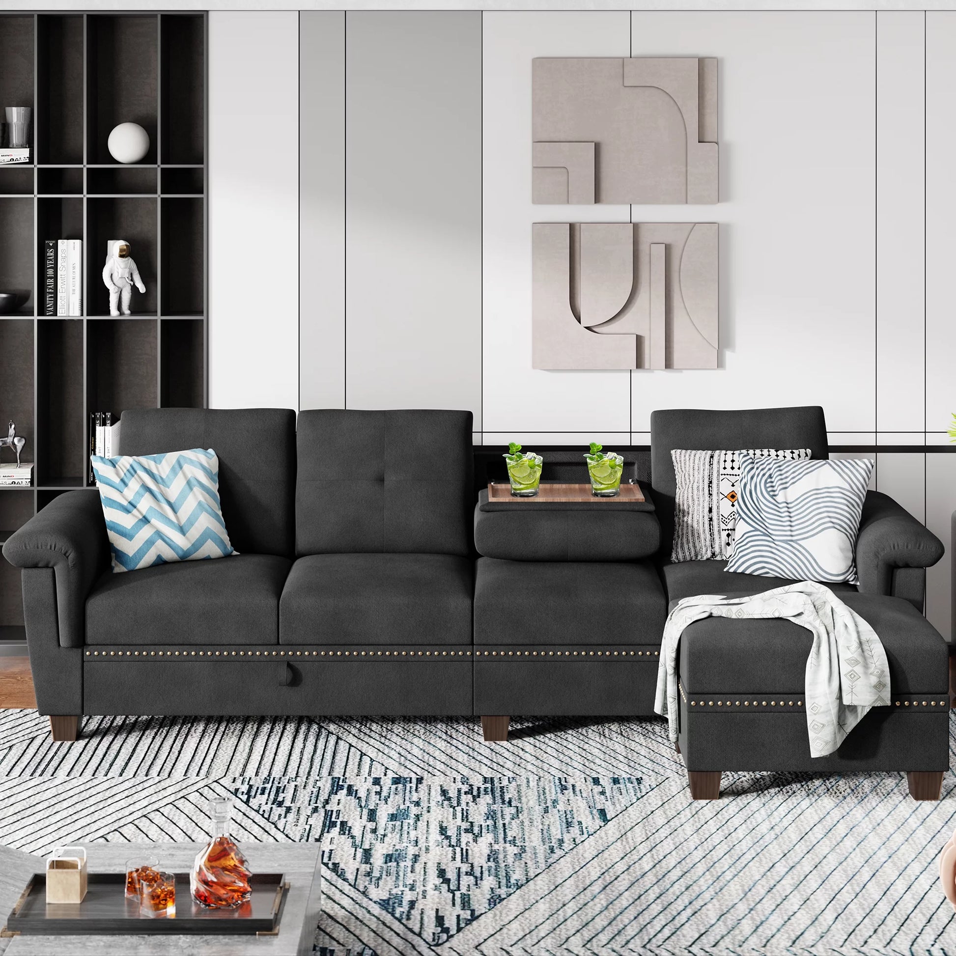 Convertible L-Shaped Sectional Sofa with Storage Chaise & Cup Holders –  4-Seater