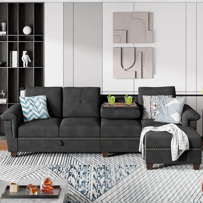 Convertible L-Shaped Sectional Sofa with Storage Chaise & Cup Holders –  4-Seater