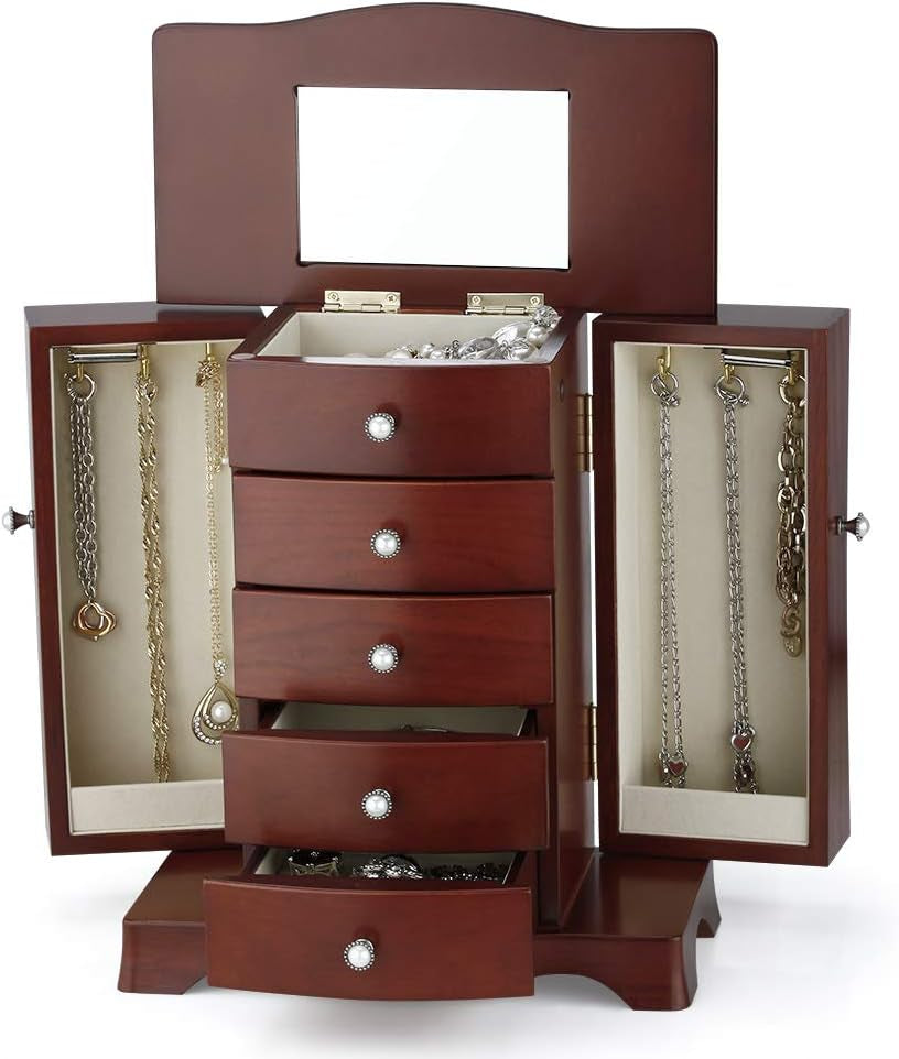 Elegant Solid Wood Jewelry Box with Tower-Style 4-Drawer Organizer, Dual Side Open Doors, and Large Mirror - Brown Finish