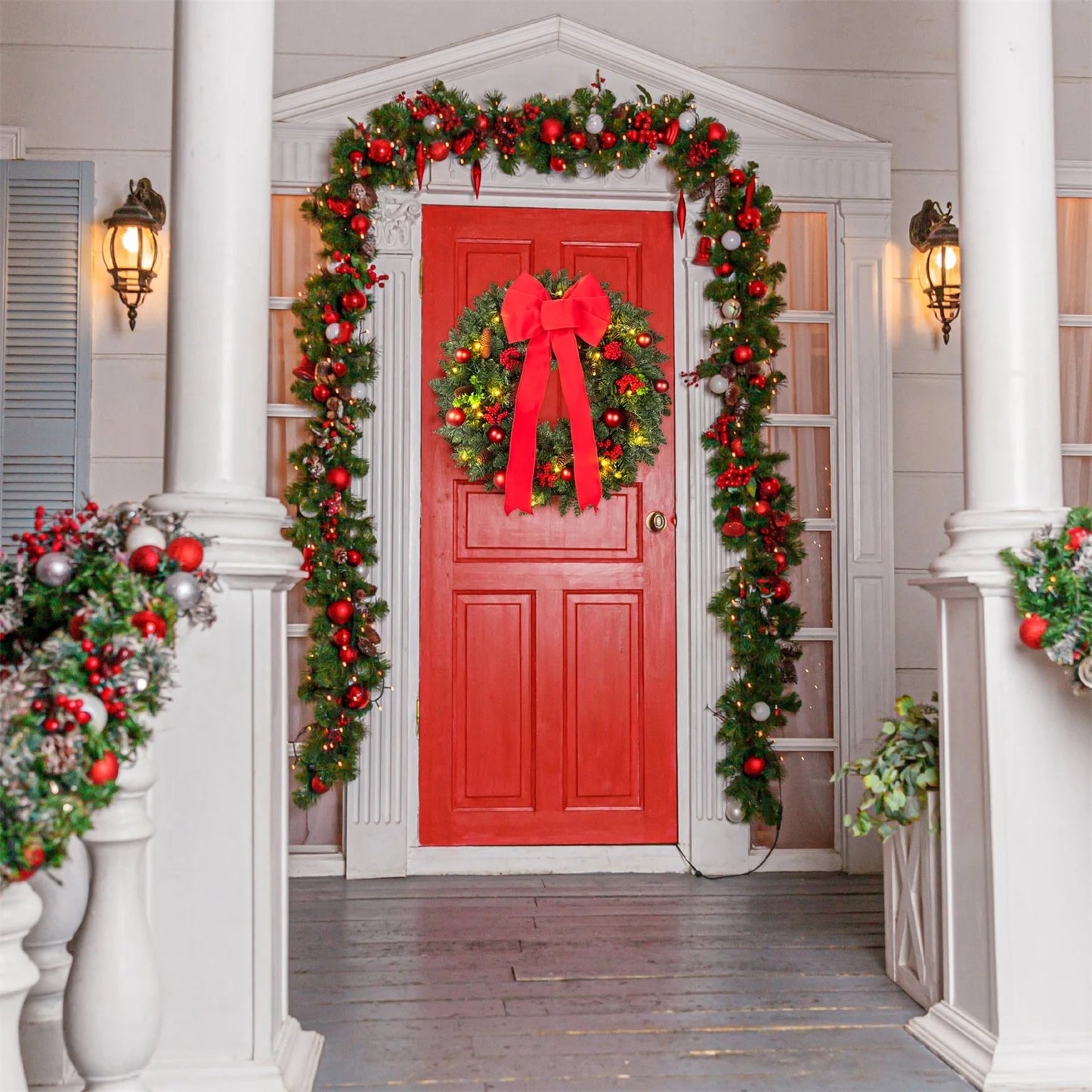 24-Inch Pre-Lit Artificial Evergreen Christmas Wreath with Bow and Lights for Indoor and Outdoor Holiday Decor, Green