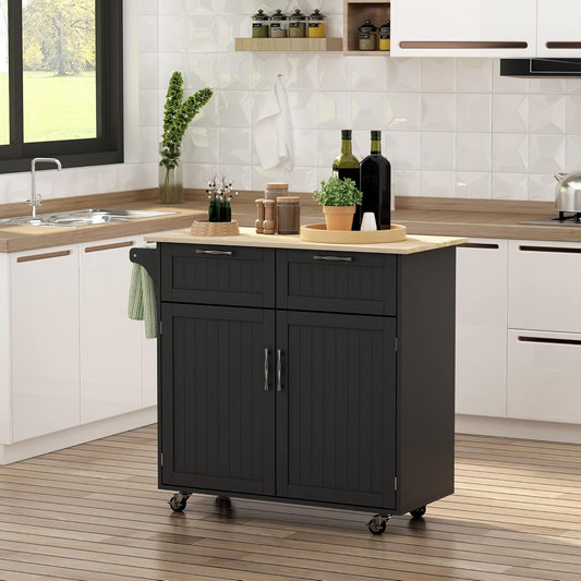  Rolling Kitchen Island Cart with Storage and Rubberwood Top