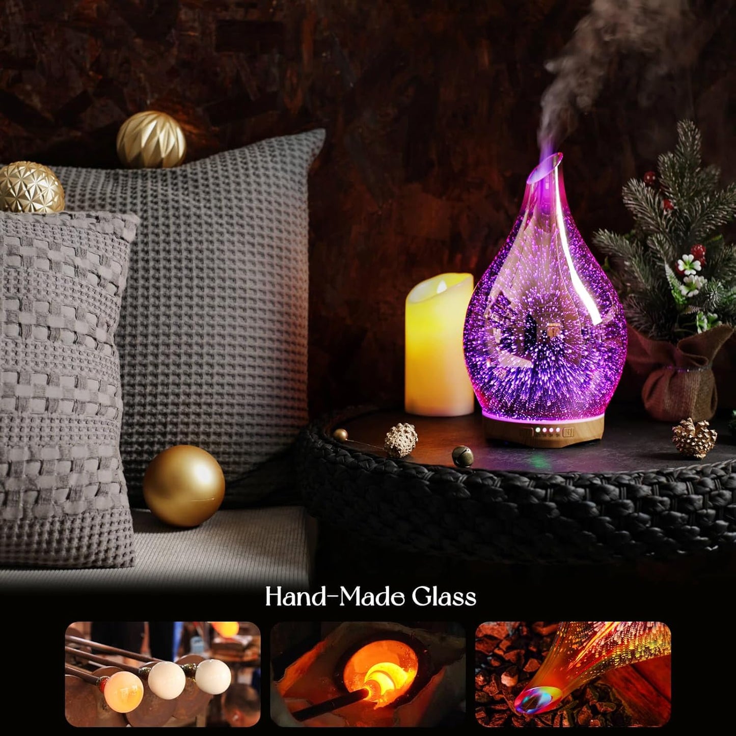 280ml Ultrasonic Essential Oil Diffuser - 3D Glass Aromatherapy Humidifier with Timer, Color-Changing Feature, and Waterless Shut-Off for Home and Office Use