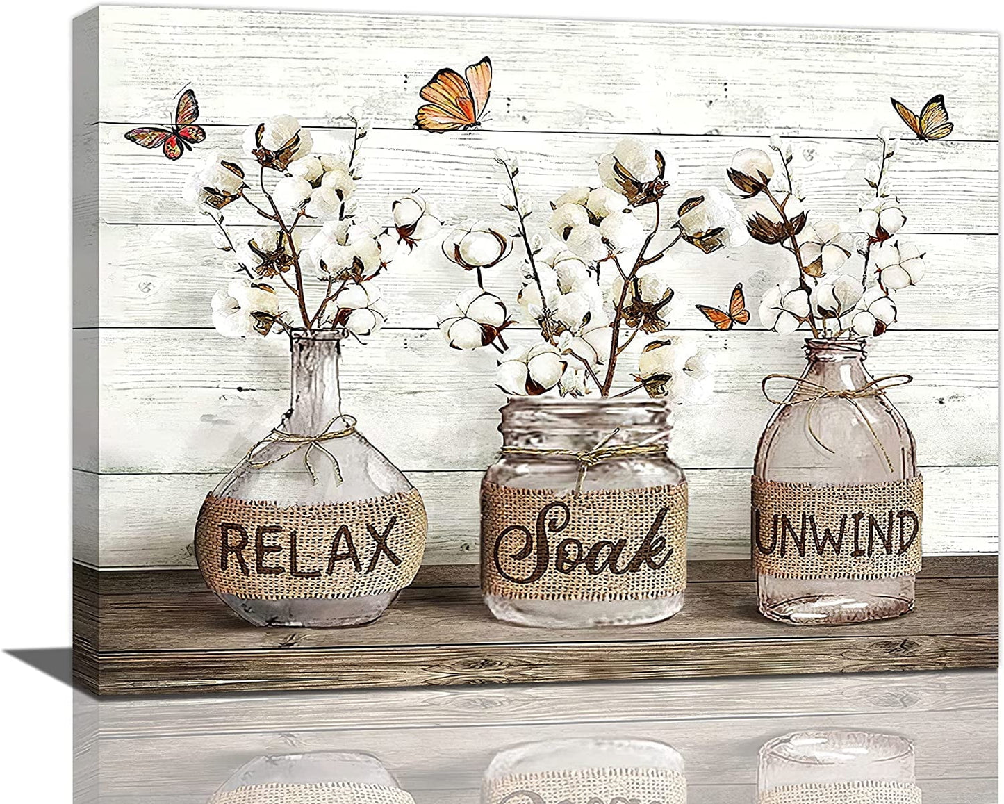 Cozy Farmhouse Bathroom Wall Art – ‘Relax, Soak & Unwind’ Cotton Canvas, 12x16 Framed