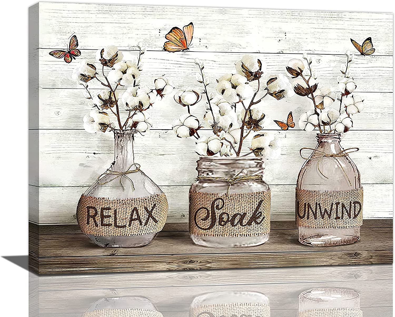 Cozy Farmhouse Bathroom Wall Art – ‘Relax, Soak & Unwind’ Cotton Canvas, 12x16 Framed