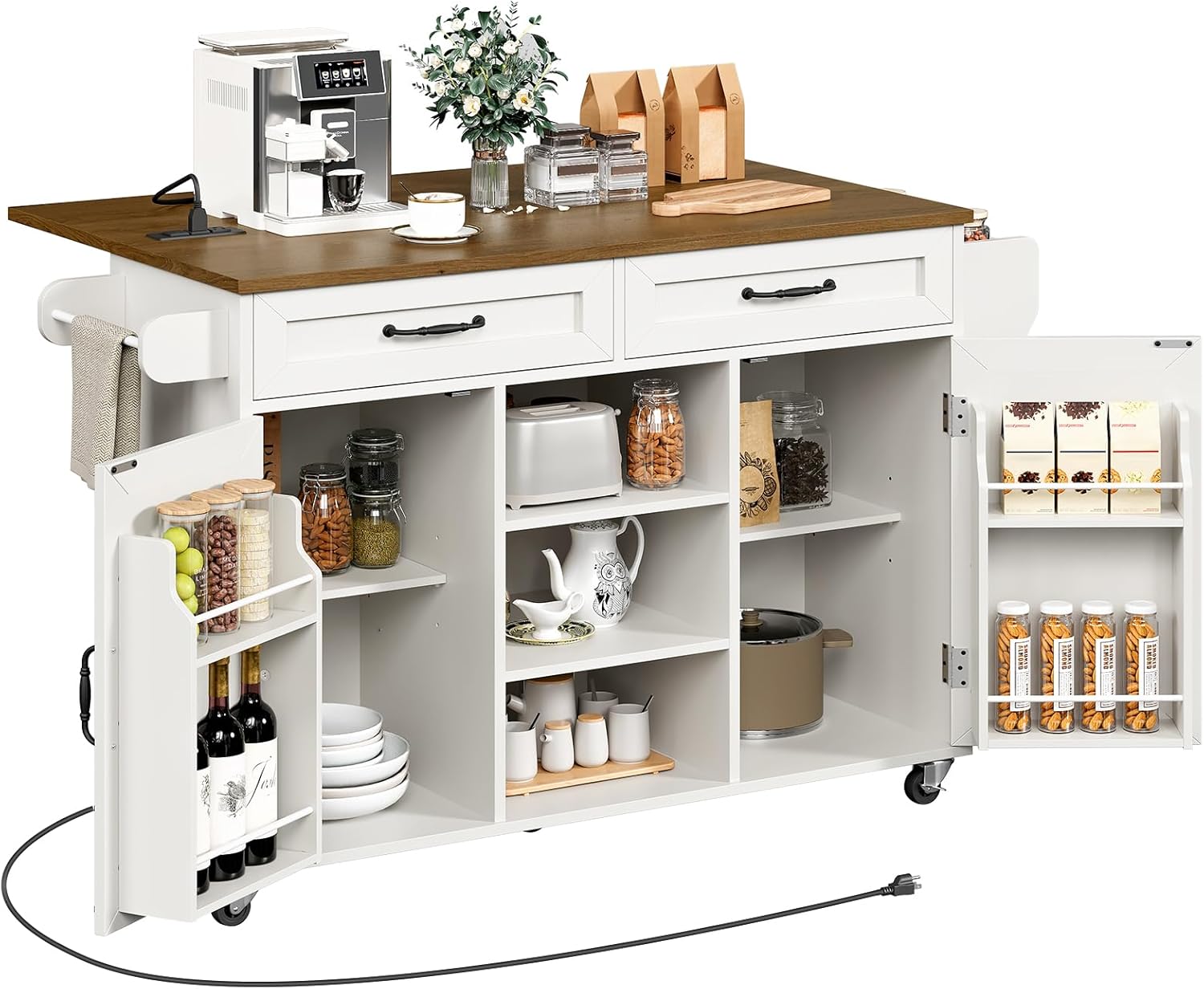 Kitchen Island with Power Outlets and Drop Leaf, Storage Drawer, Spice Rack, and Tower Rack in Black and Rustic Brown