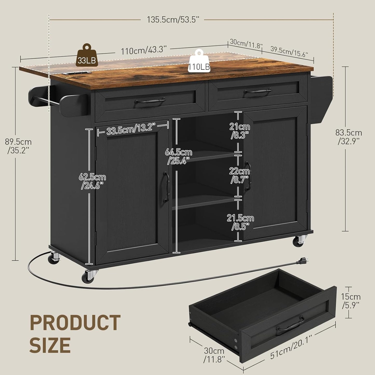 Kitchen Island with Power Outlets and Drop Leaf, Storage Drawer, Spice Rack, and Tower Rack in Black and Rustic Brown