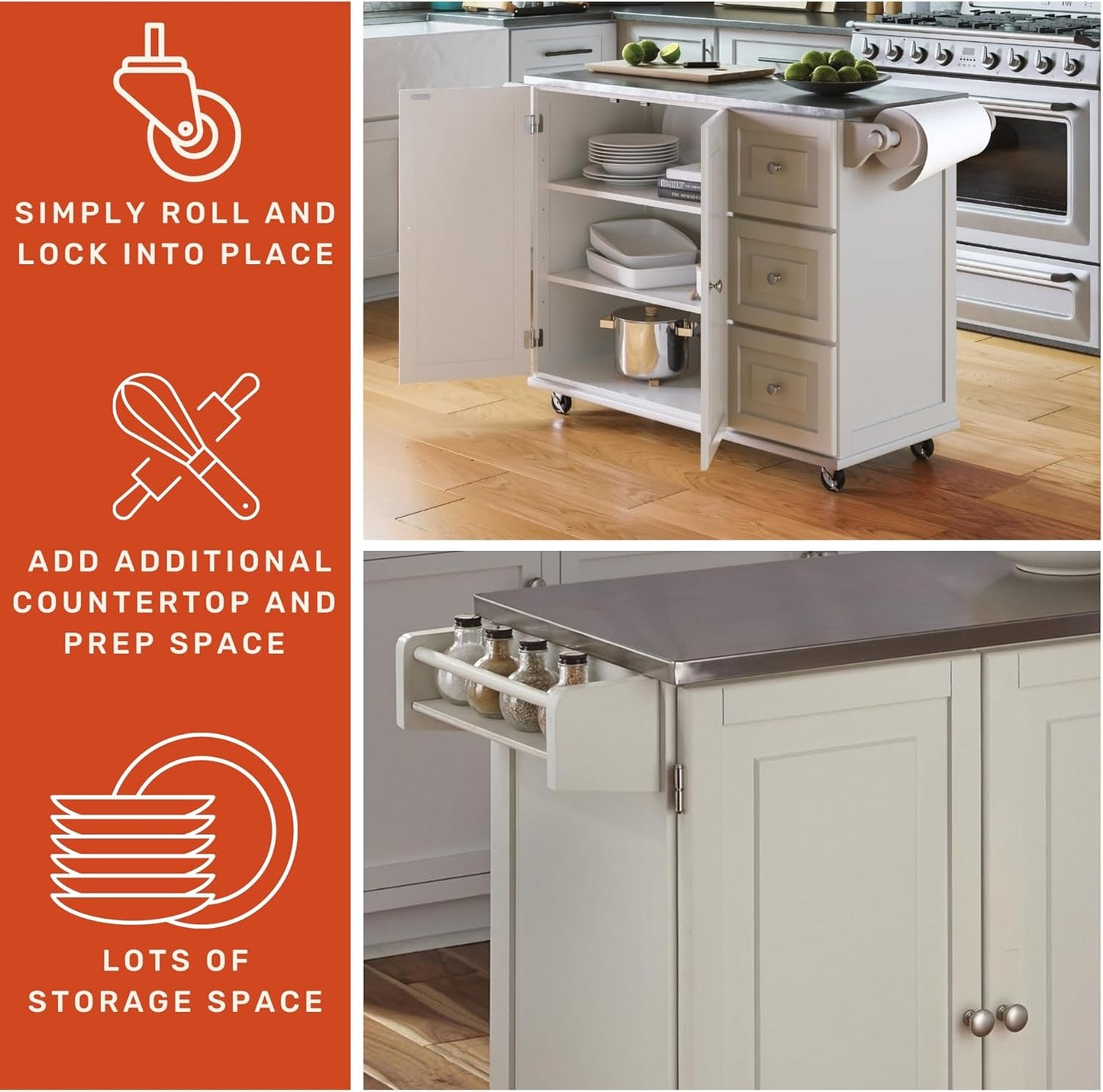 Dolly Madison 54-Inch Rolling Mobile Kitchen Island with Storage and Towel Rack in Off White