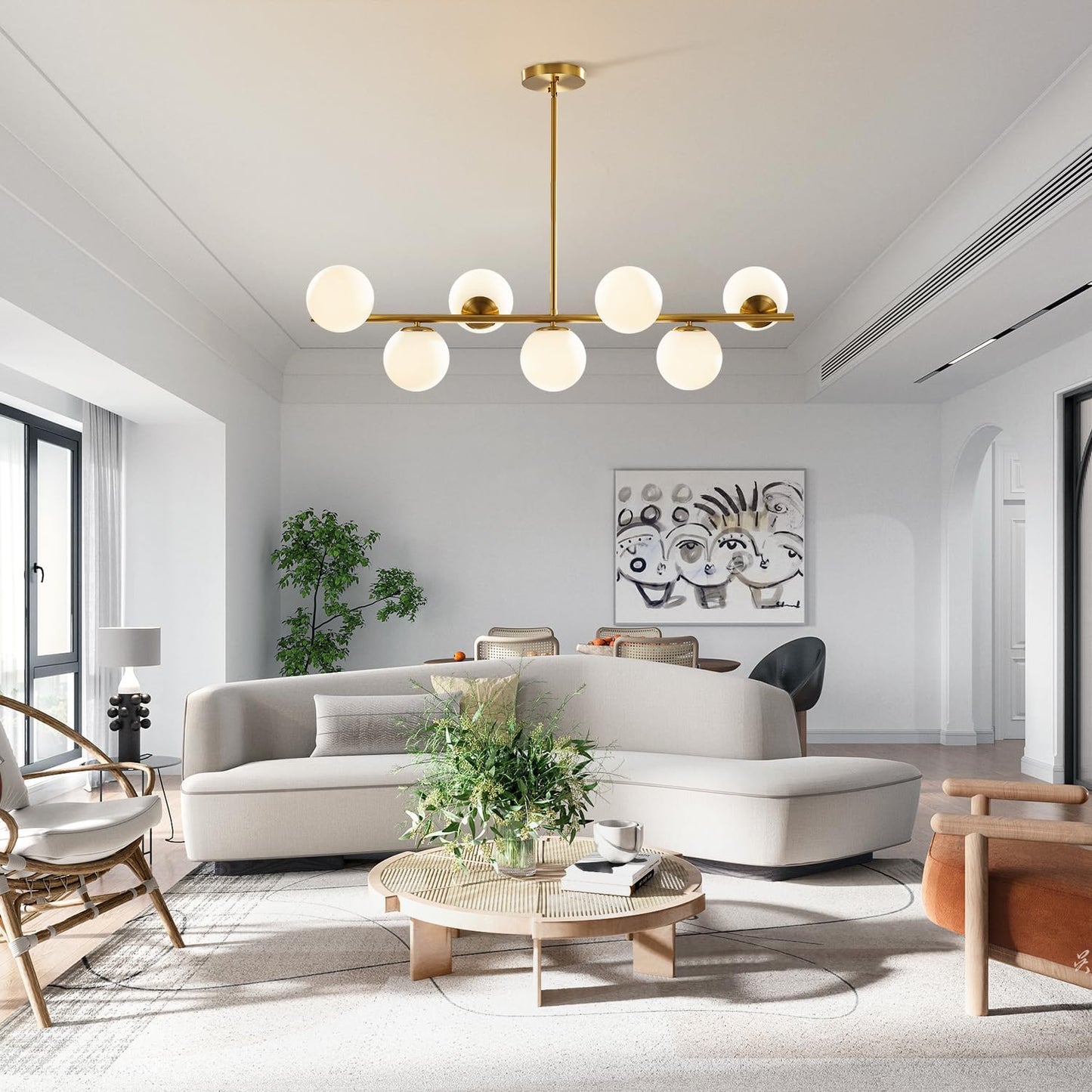 Mid-Century Modern 7-Light Gold Globe Chandelier - Brass Linear Sputnik Design with Milk Glass Pendants for Kitchen Island and Dining Table Lighting