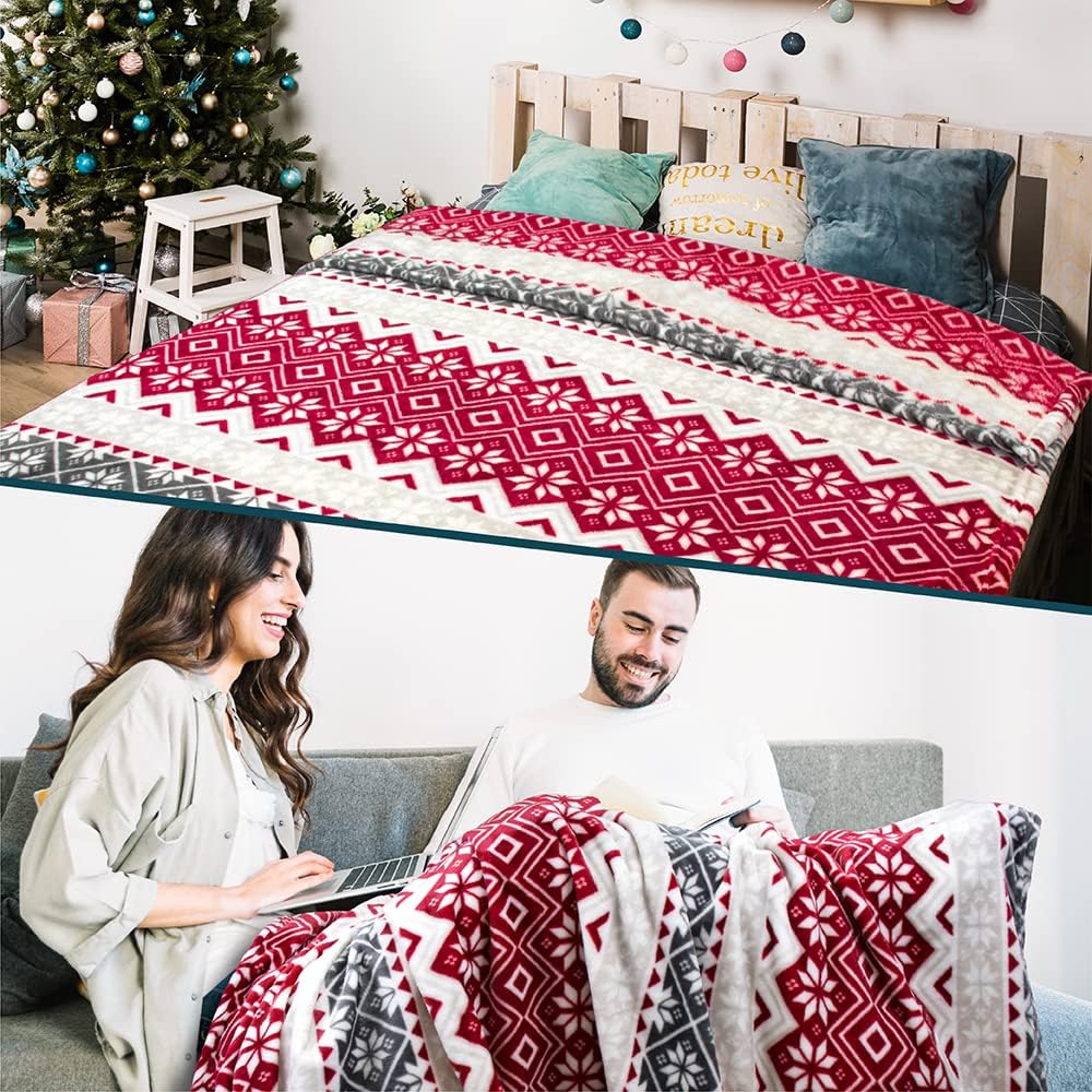 Holiday Red Fleece Throw Blanket | Soft and Plush Winter Cabin Blanket with Reindeer or Snowflake Design 